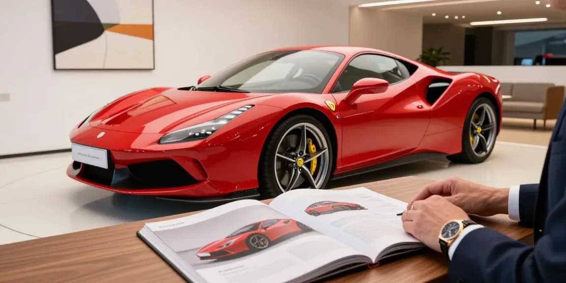 Individu meninjau mobil mewah LUXURY 111 di showroom modern dengan detail yang cemerlang.