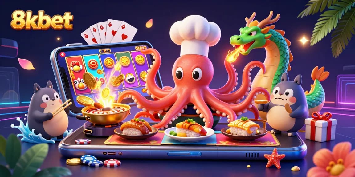 Experience exciting casino gaming with 8xbet featuring vibrant characters cooking, slot games, and gold coins.