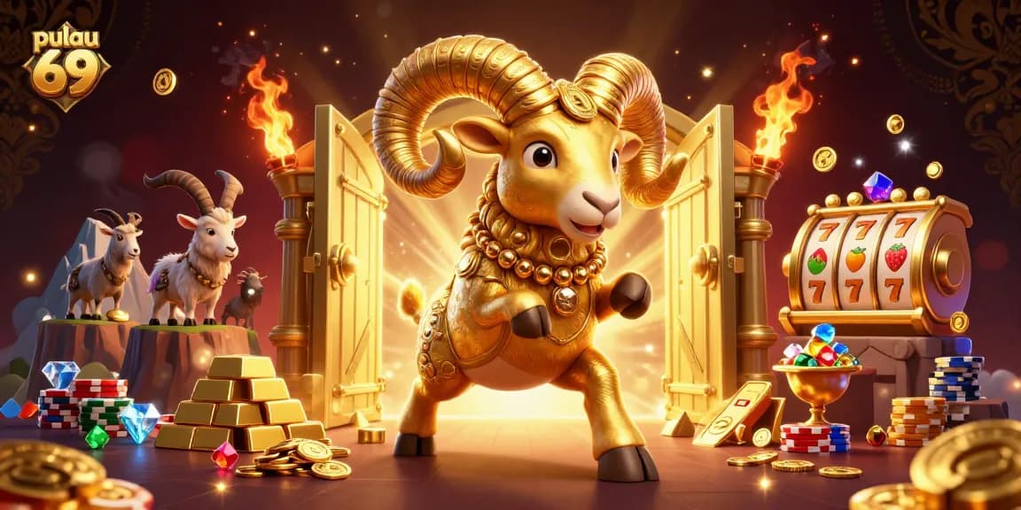 Experience the excitement of pulau 69 with vibrant casino-themed 3D illustration showcasing golden ram and slot elements.