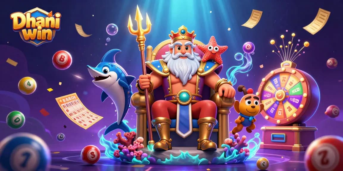 Dhani win brings exciting lottery vibes with a vibrant underwater scene featuring Neptune, games elements, and dynamic lottery balls