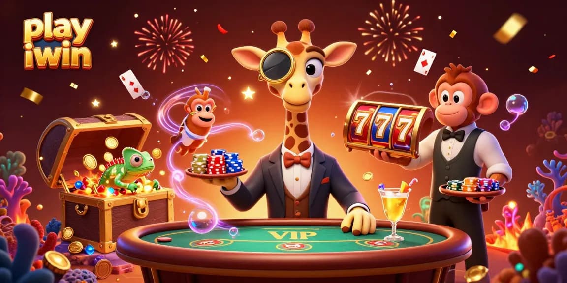 Experience the thrill as you play iwin, featuring a lively high-roller giraffe at a poker table!