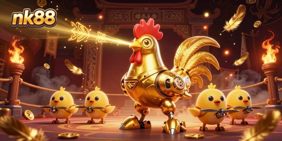 Experience the thrill of nk88 with a golden rooster robot and baby chick drones in a vibrant casino scene.