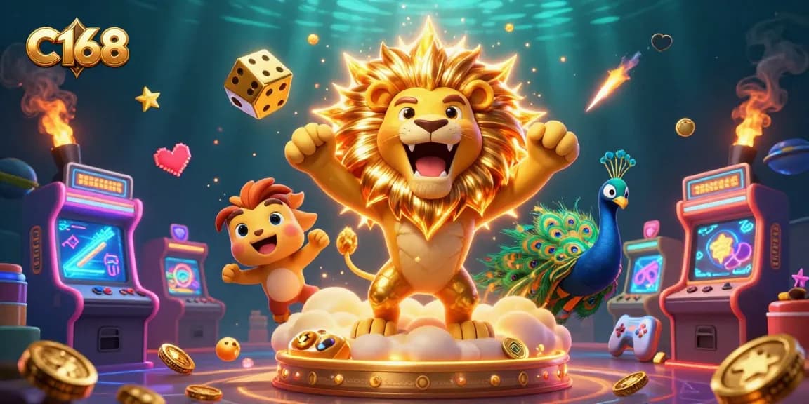 C168 spins colorful retro game machines and golden dice in a vibrant 3D casino scene, celebrating thrilling bets.