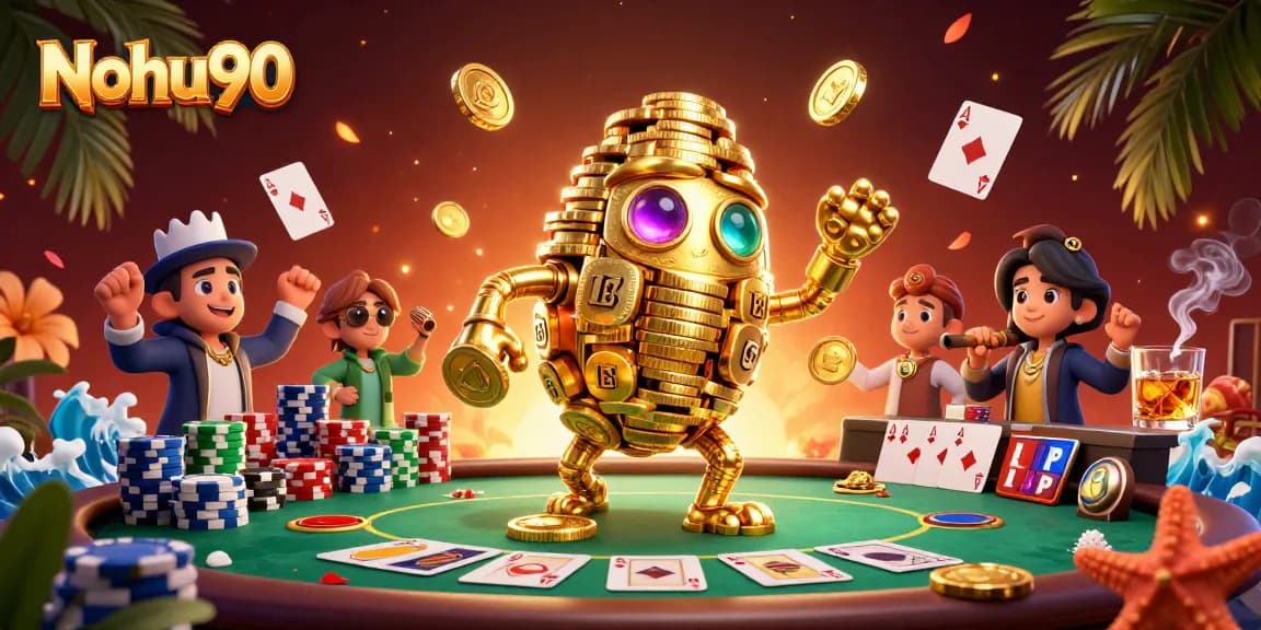 Nohu90 showcases an ancient golden golem amidst dynamic casino elements, symbolizing jackpot excitement.