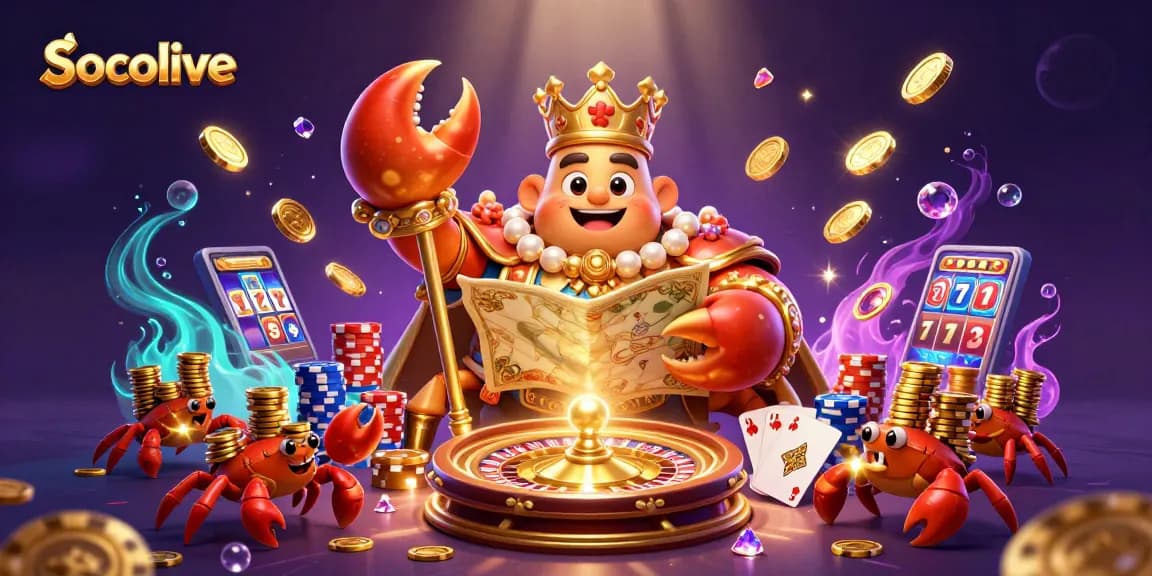 Socolive captures the excitement of online gambling with a golden crab emperor, vibrant casino elements, and festive underwater visuals.