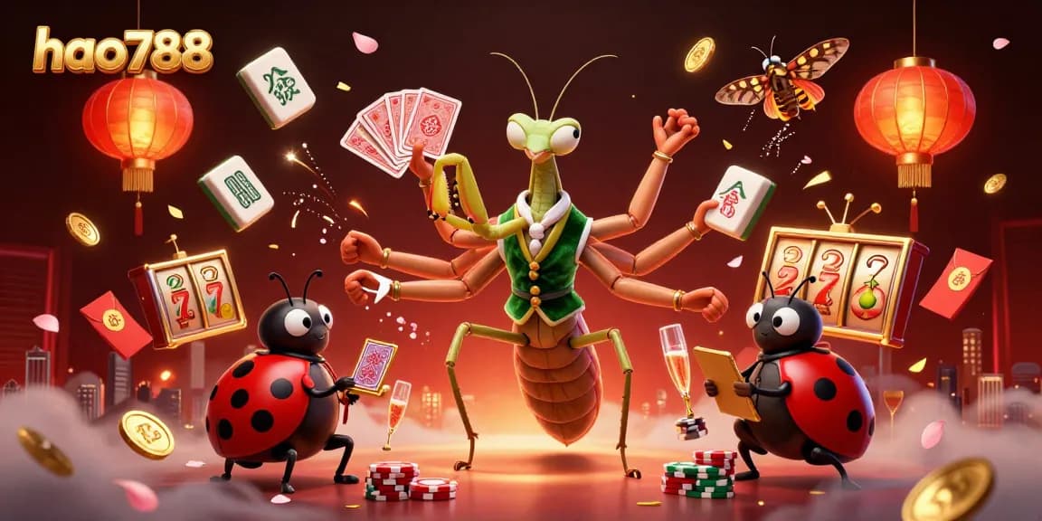 HAO788 menyajikan suasana kasino dengan slot dan karakter menarik di dalam ilustrasi yang kaya warna.
