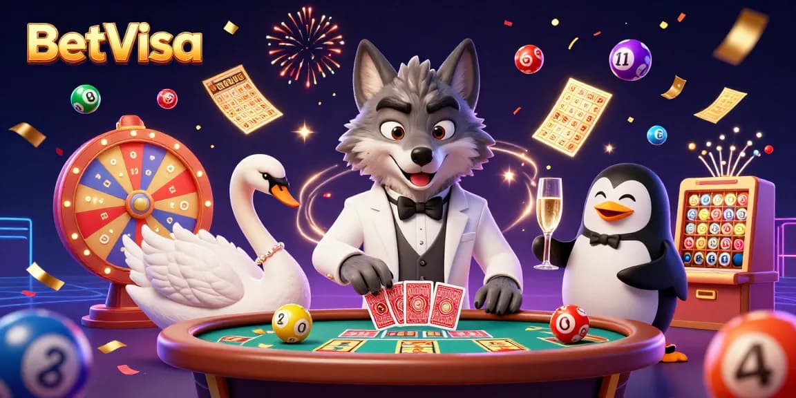 Join the excitement at BetVisa with a lively casino scene featuring a debonair wolf, elegant swan, and sophisticated penguin.