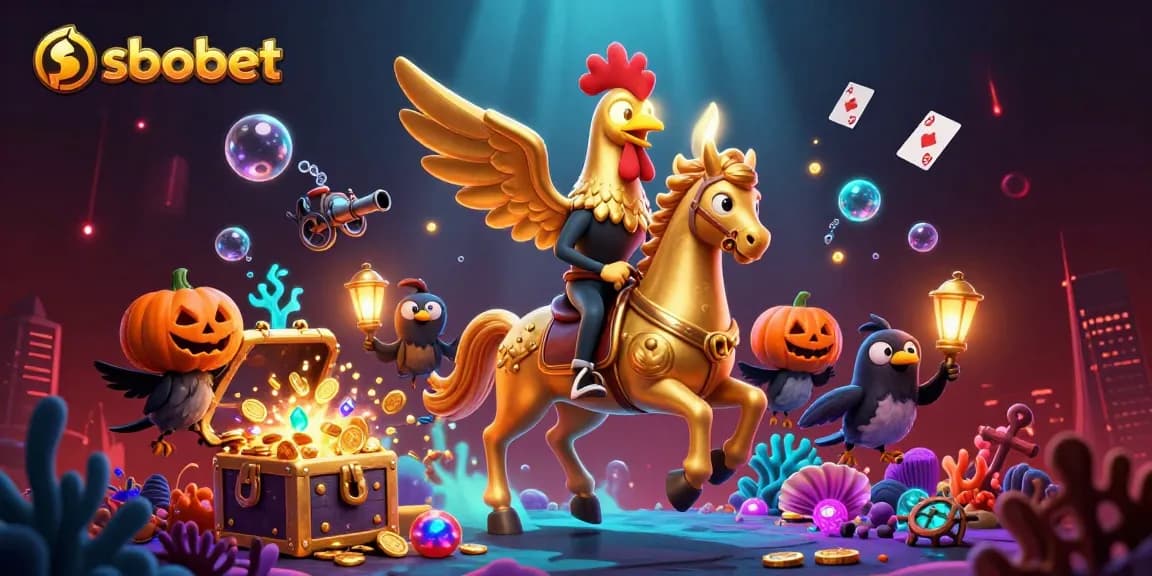 sbobet offers thrilling bets with a golden rooster headless horseman in a vibrant casino scene.