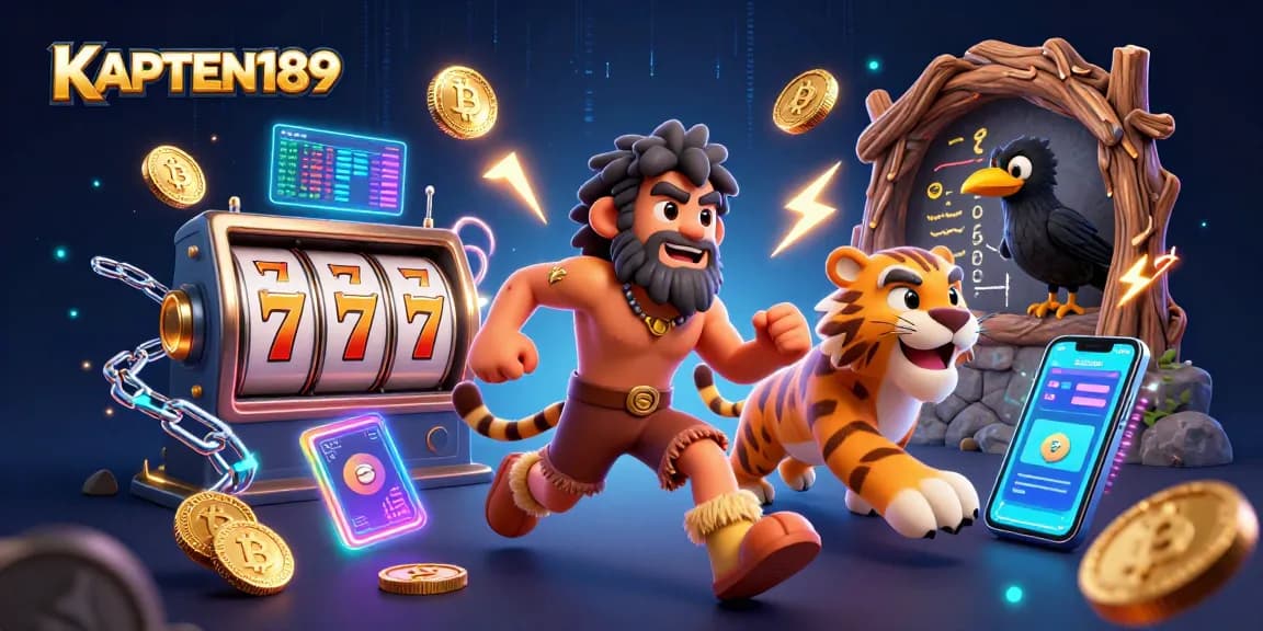 KAPTEN189 merayakan keberuntungan dengan simbol slot dan komponen kasino di latar belakang yang menarik.
