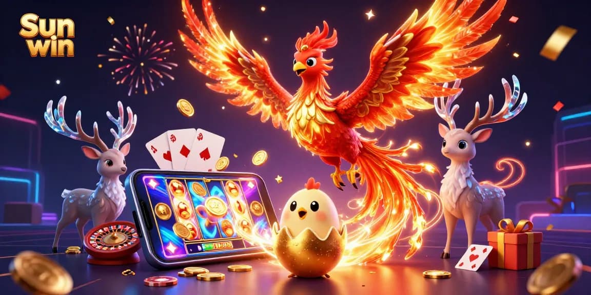Sun win players enjoy lively slot games surrounded by magnificent phoenix characters and festive casino elements.