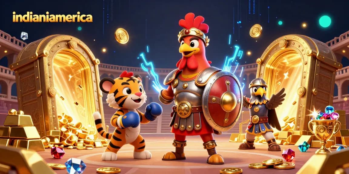 Engage with indianiamerica in this dynamic 3D illustration showcasing a rooster gladiator and treasures.
