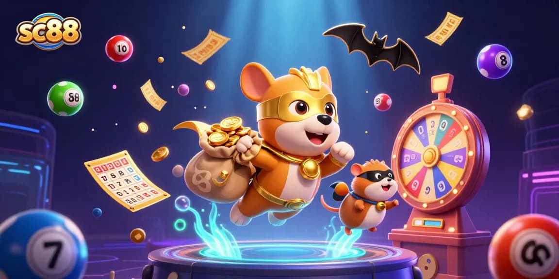 Join the excitement at sc88 with a dynamic superhero dog flying amidst a whirlwind of colorful lottery elements.
