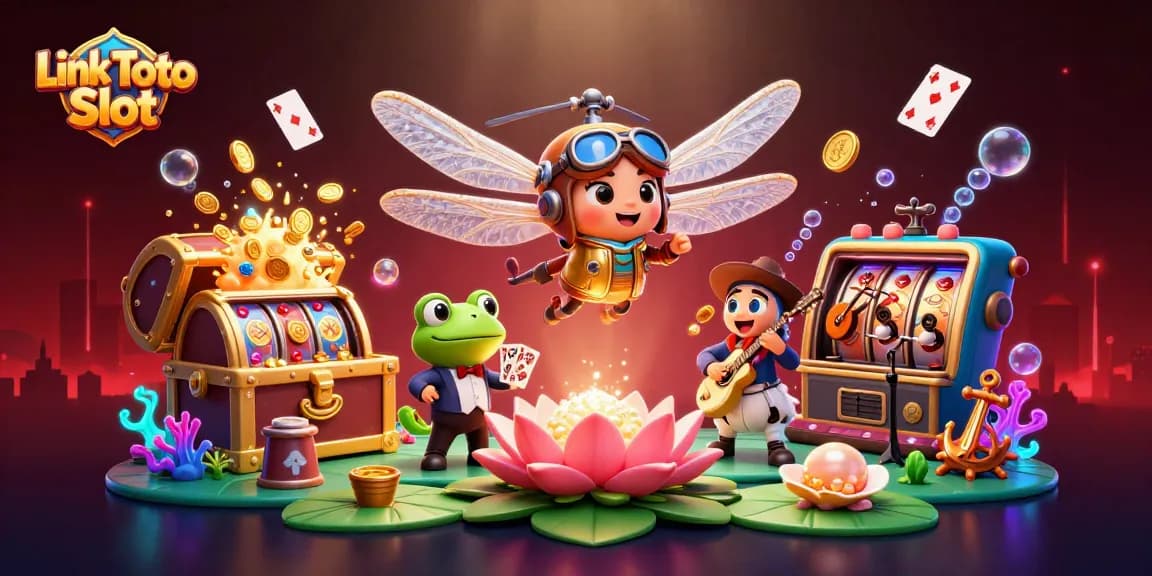 Engaging scene featuring Link Toto Slot with a dragonfly pilot, frog dealer, and jazz musicians amidst dynamic casino elements.