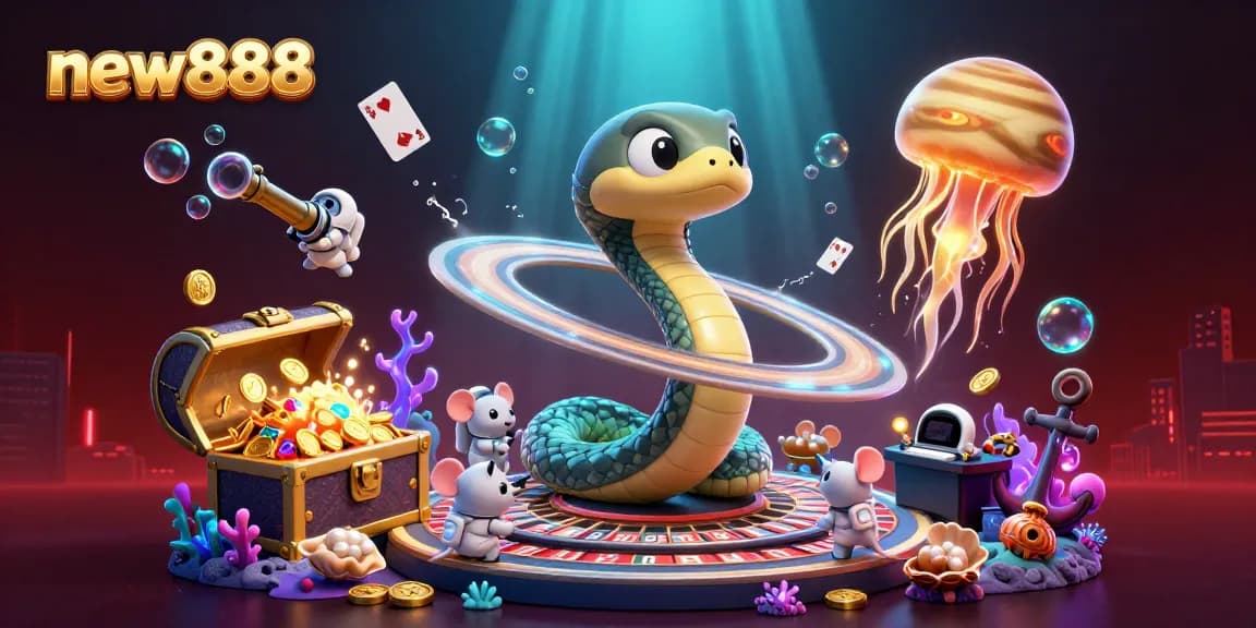 Experience thrilling gameplay with new888 in this exciting cosmic casino scene featuring cartoon characters.