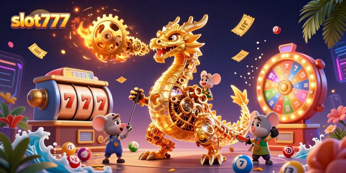 Menang besar di slot777, gambar ilustrasi kasino 3D dengan naga emas dan elemen permainan lotere.