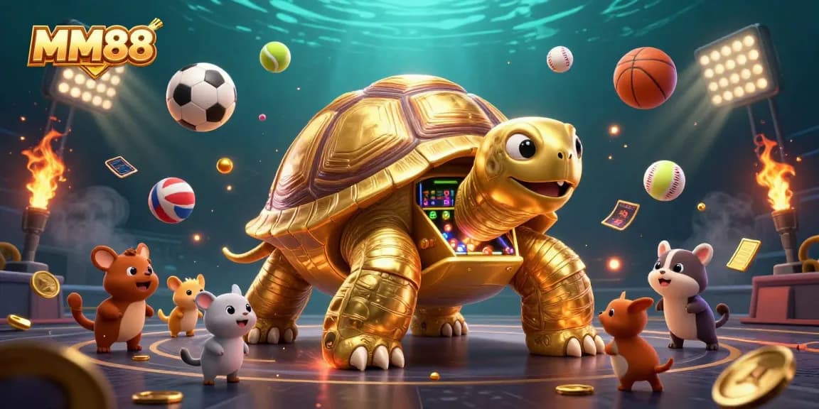 Engage with MM88's thrilling betting experience featuring vibrant sports elements and a captivating tortoise design.