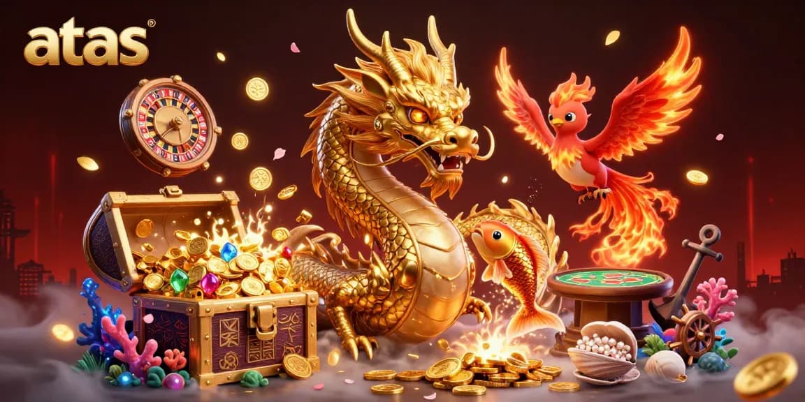 Engage with the excitement of atas casino featuring a mystical dragon, phoenix, and koi amidst a vibrant casino scene.