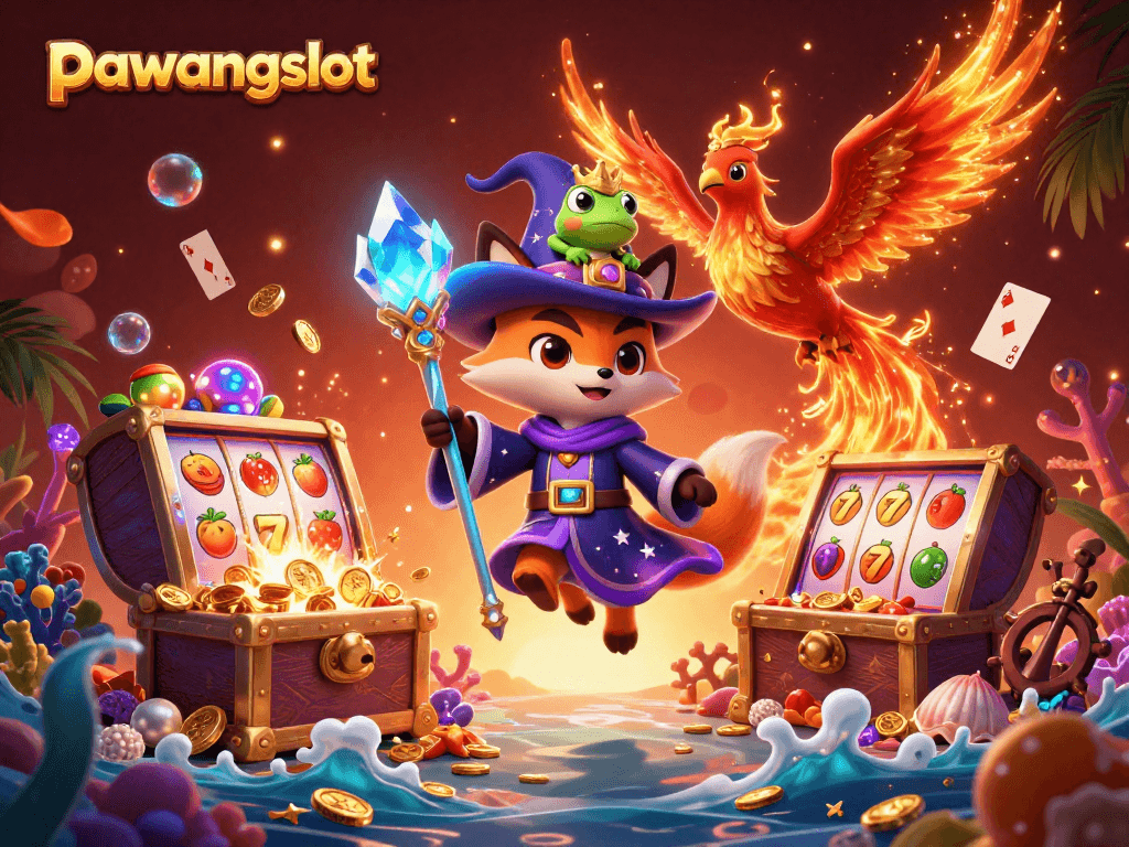 Permainan slot online pawangslot dengan karakter unik beraksi dan koin emas terbang ke segala arah.