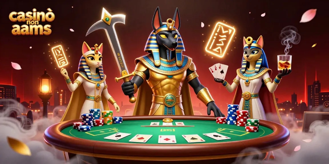 Scena coinvolgente di casinò non aams con guerriero egiziano e gatto in mezzo a un'azione di poker vivace.