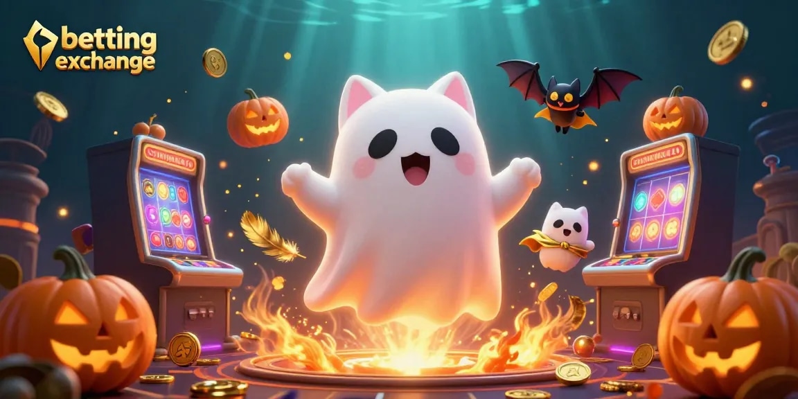 Engage with a thrilling betting exchange scene featuring a ghost cat, a vampire bat, and glowing jack-o-lanterns.