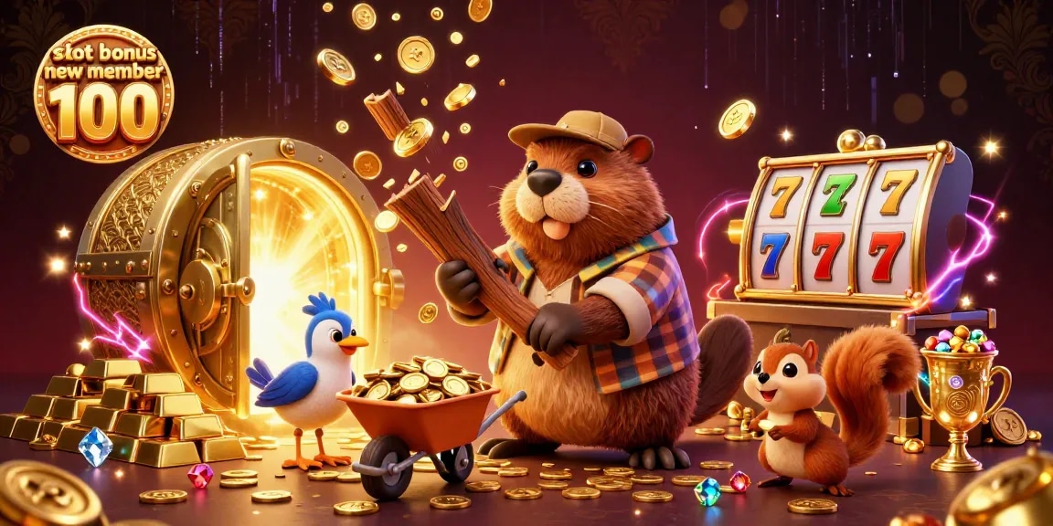 Stack your winnings with slot bonus new member 100 in a vibrant casino scene brimming with treasure.