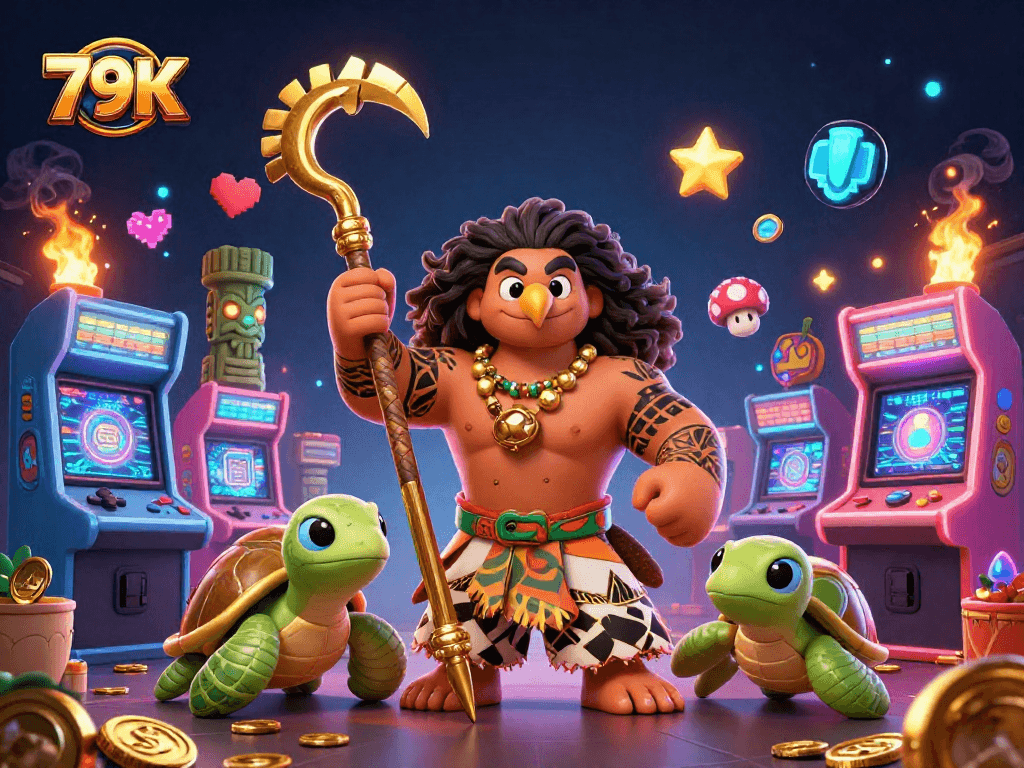 O demônio maori em 79K brinca com um aquático e máquinas de jogos vibrantes.