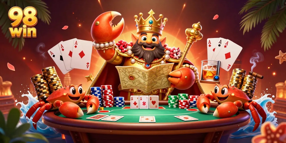 Win big with 98 win in this vibrant casino scene featuring a crab emperor and game elements.