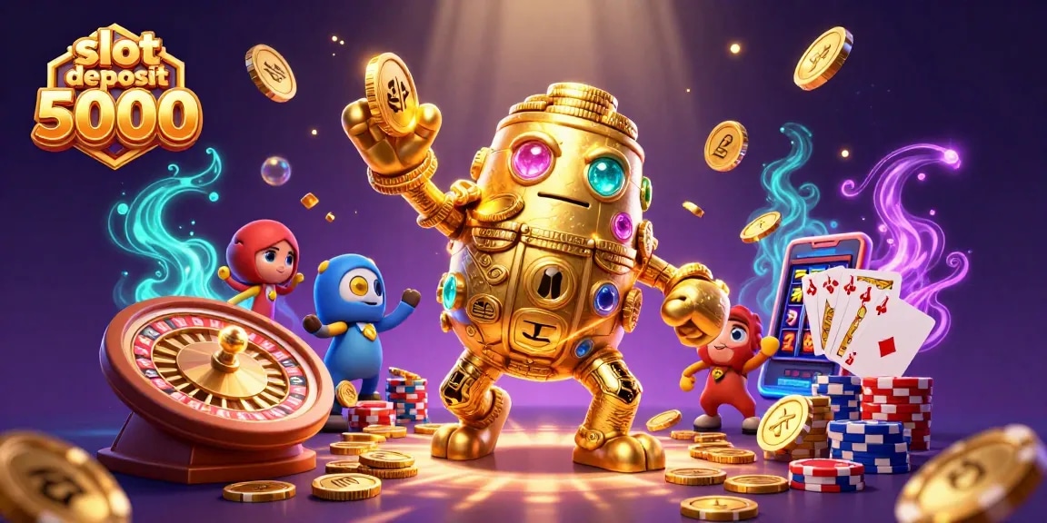 Win big with slot deposit 5000, featuring dynamic golden coins and magical casino elements.