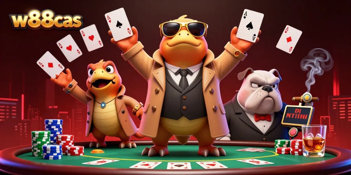 Engage in thrilling action at w88cas with cartoon raptors sneaking into a VIP casino lounge while surrounded by vibrant poker elements.