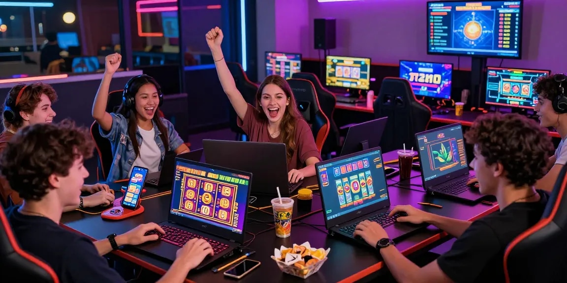 Dynamic scene of young gamers enjoying gamebaidoithuong online reward games in a lively environment, showcasing excitement and camaraderie.