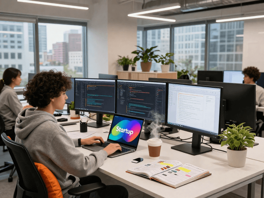 Pengembang perangkat lunak dengan wifi4d sedang bekerja di ruang co-working modern.