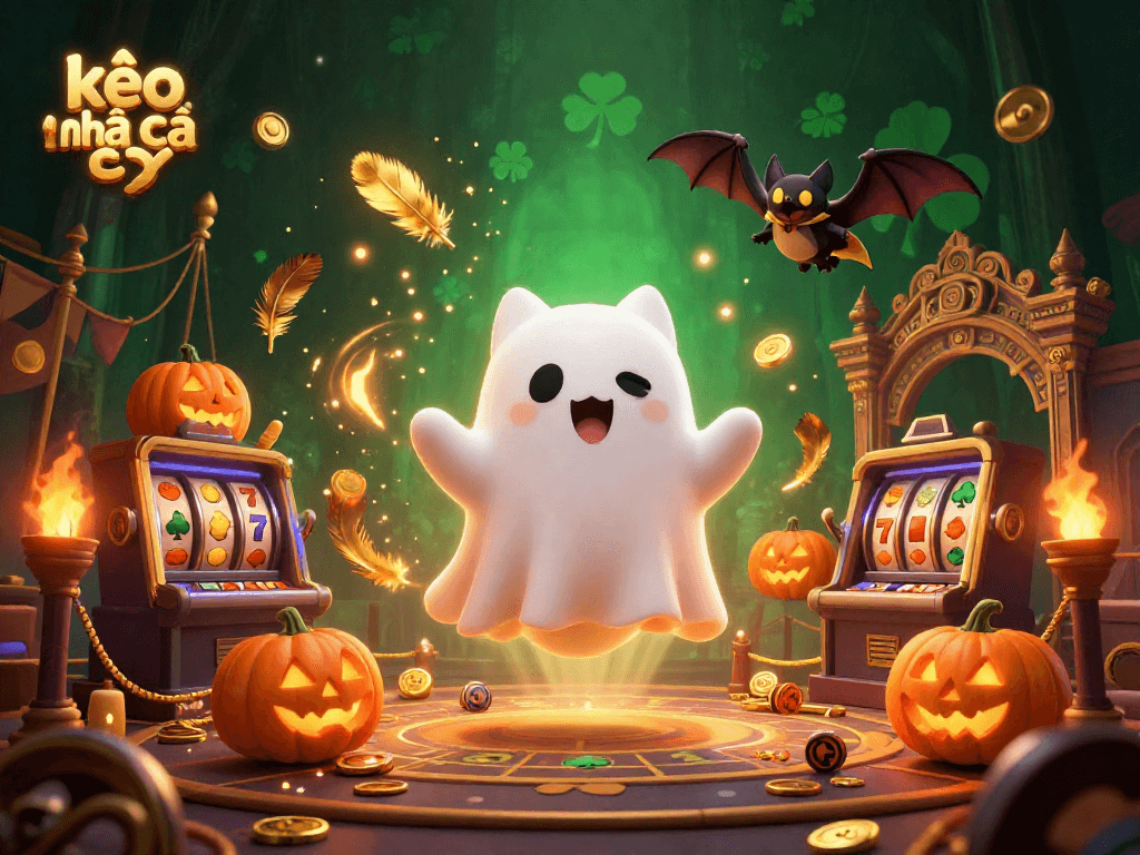 Engage in kèo nhà cái with a playful ghost cat and friends in a vibrant haunted casino scene.