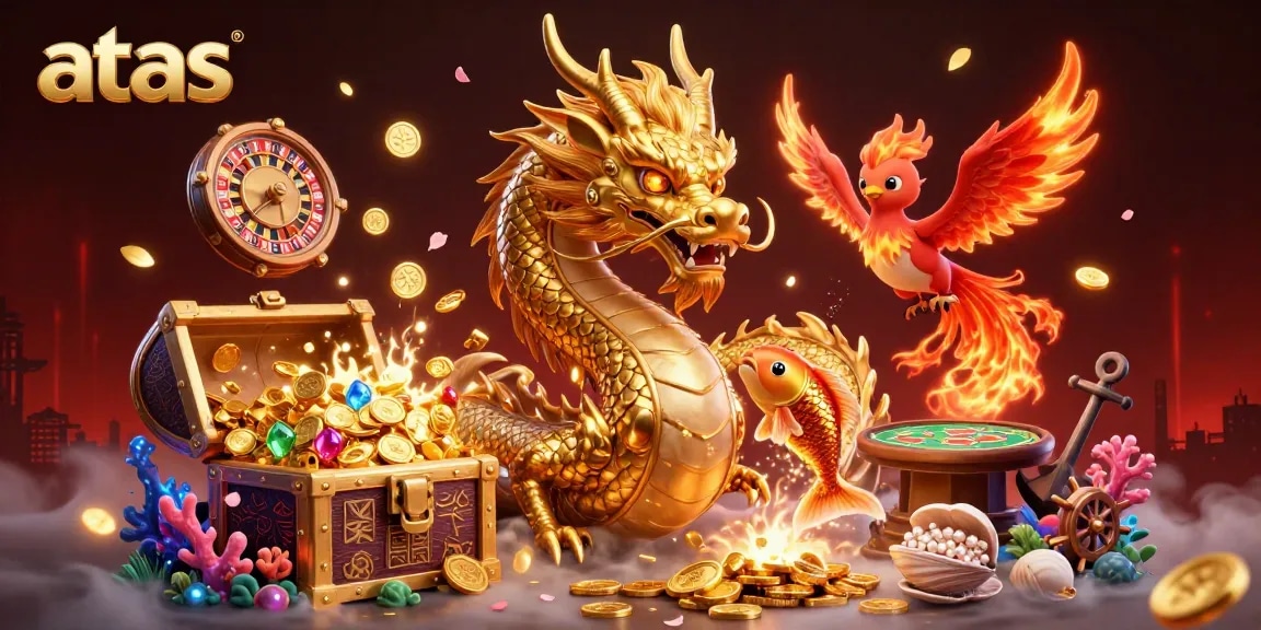 Engage with the excitement of atas casino featuring a mystical dragon, phoenix, and koi amidst a vibrant casino scene.
