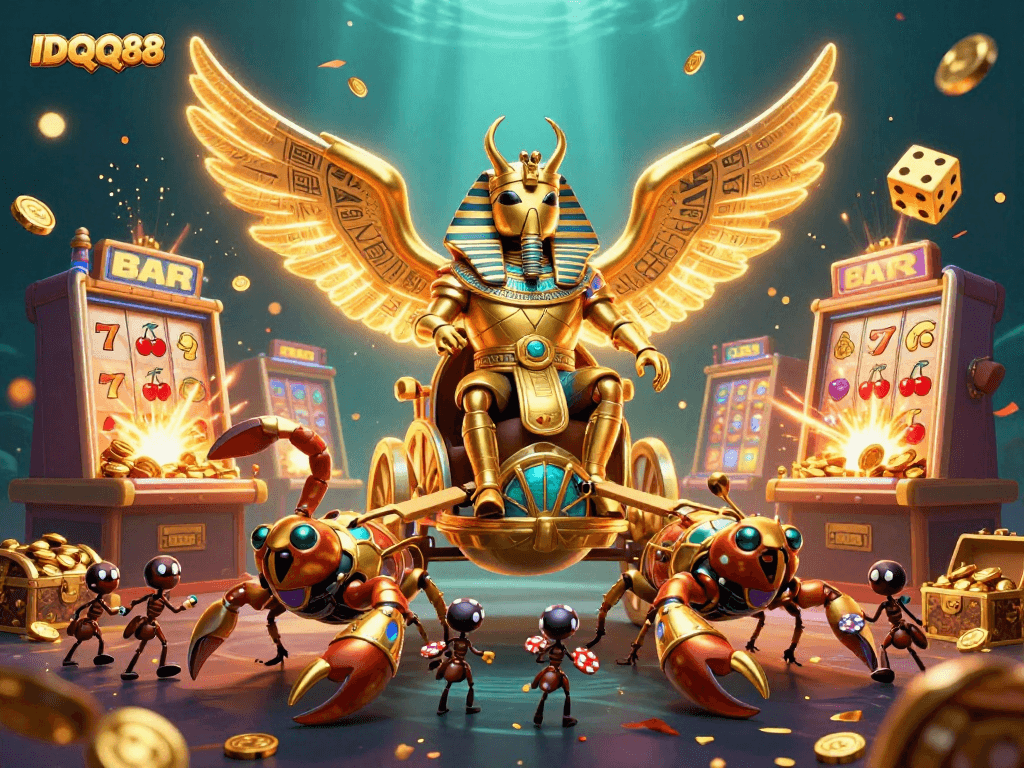 Experience thrilling jackpots with IDQQ88's vibrant 3D casino scene featuring slots and golden treasures.