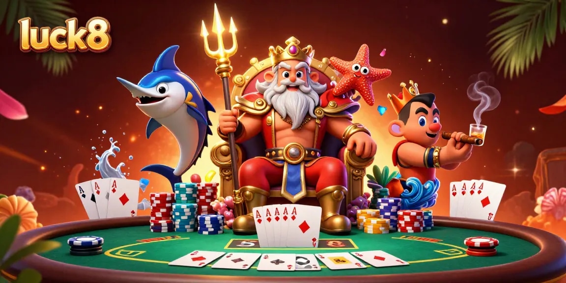 Join the adventure at luck8 with a vibrant 3D scene of Neptune playing poker!