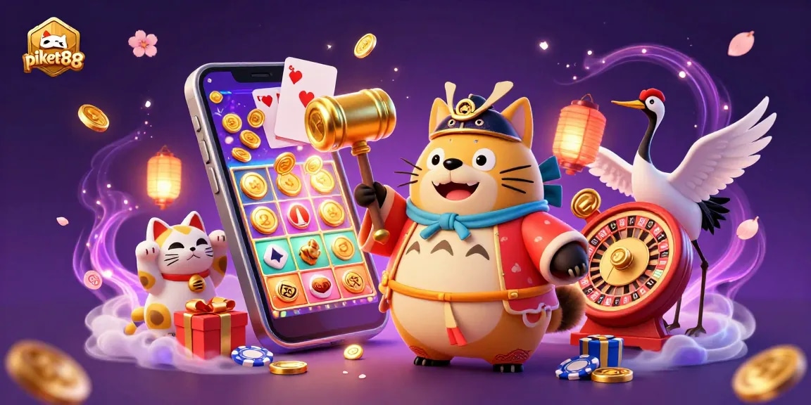 Pikat88's lively illustration features a cheerful tanuki and samurai crane amidst vibrant casino symbols.