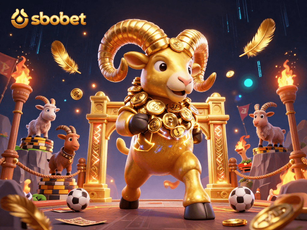 Betting on sbobet with a golden ram charging through a vibrant sports betting arena.