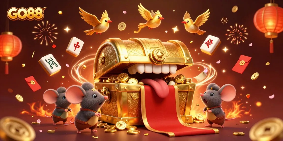 Experience excitement at GO88 with treasure chests, fortune symbols, and lively celebration.