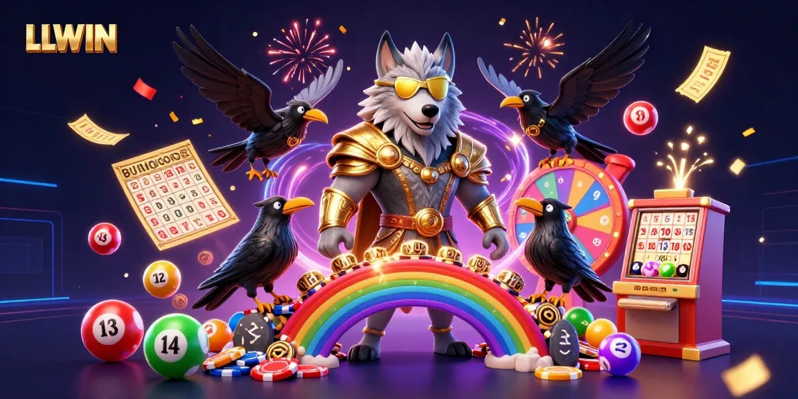 LLWIN symbolizes winning strategies with vibrant casino-themed illustration featuring rainbow bridge and dynamic game elements.