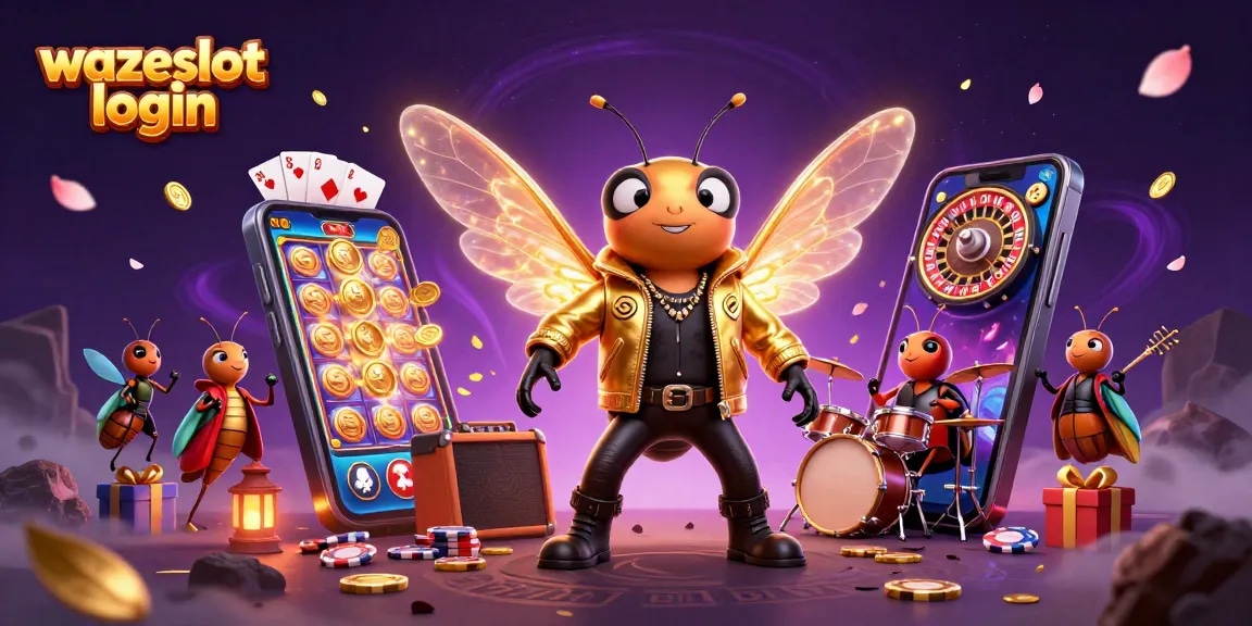 Experience excitement with WAZESLOT login as a cartoon rock star emerges in a magical casino scene.