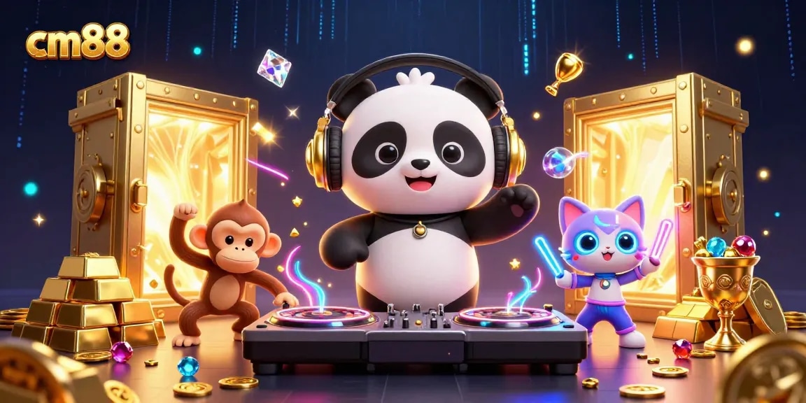 Experience excitement at cm88 with a DJ panda spinning roulette wheels as vibrant casino treasures burst around!