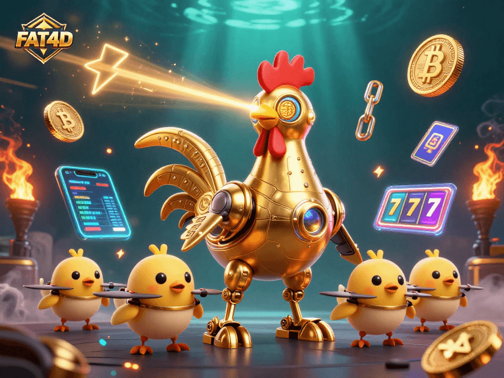 FAT4D showcases a golden rooster robot and drones navigating dynamic casino elements with glowing crypto coins.