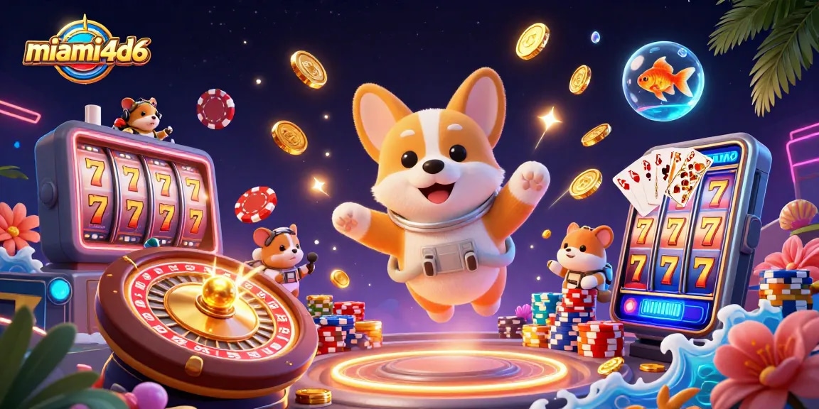 miami4d6 showcases an astronaut corgi in a space casino, surrounded by slot reels and floating coins.