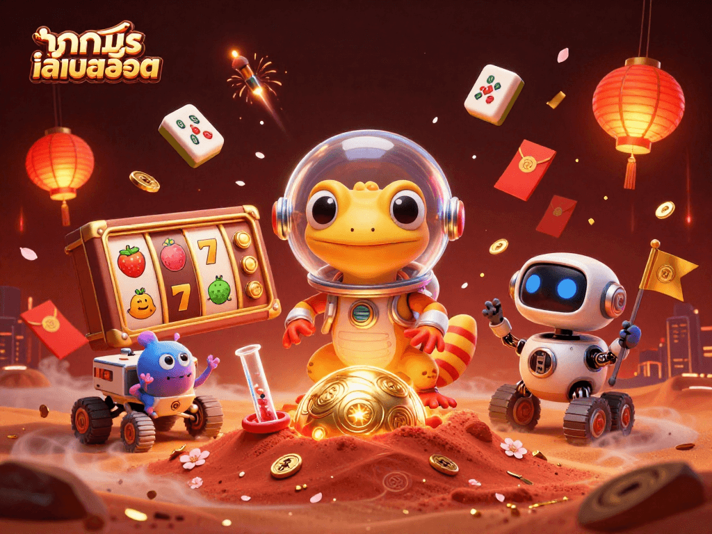 Play ทดลองเล่นสล็อต with vibrant 3D illustration featuring a Martian gecko discovering a golden casino.