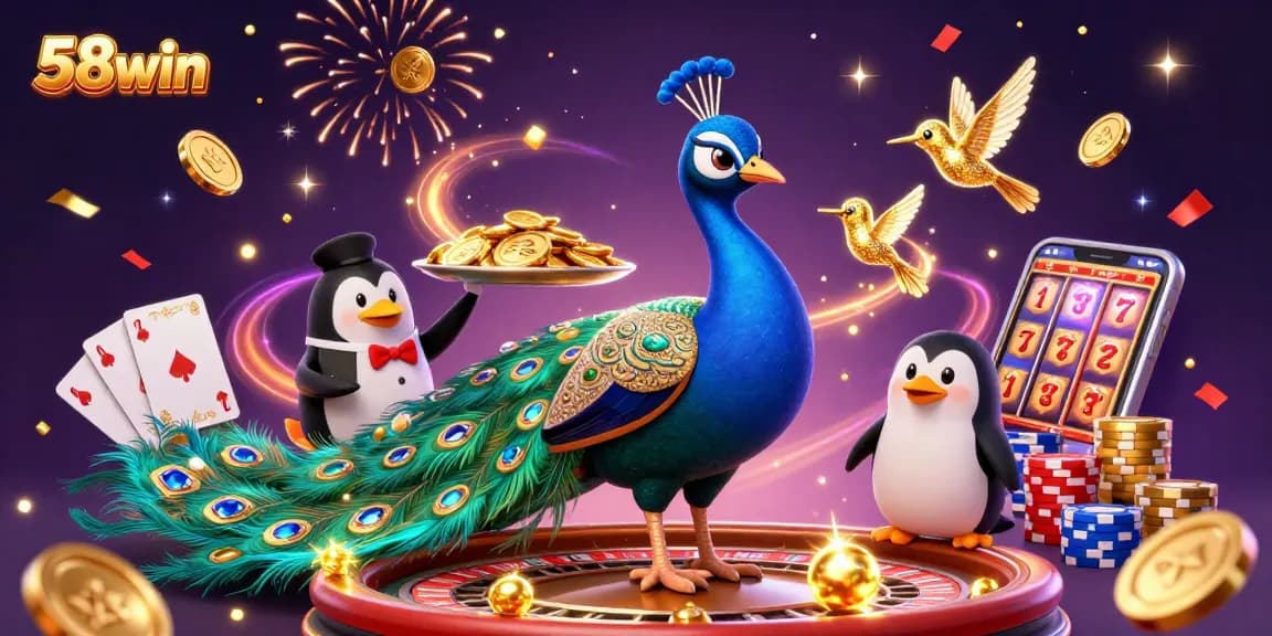 Engage with 58win's captivating casino experience featuring peacock and penguin in celebration.