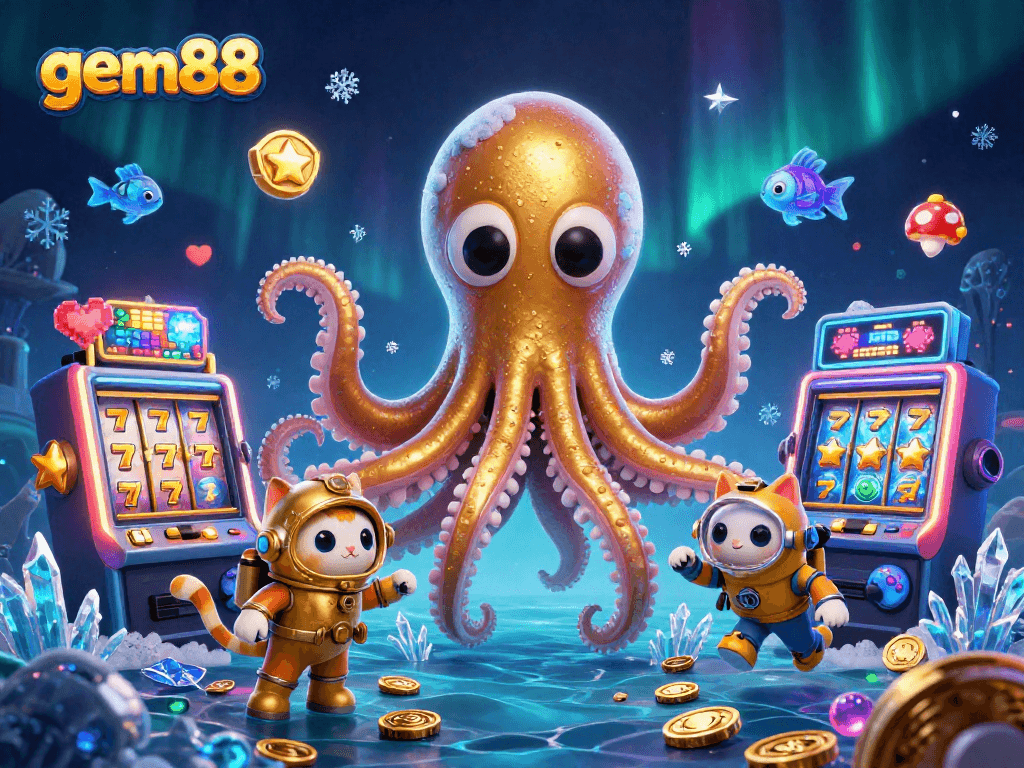 Experience gem88's thrill with a colossal kraken, vintage diving cat, and casino-themed elements