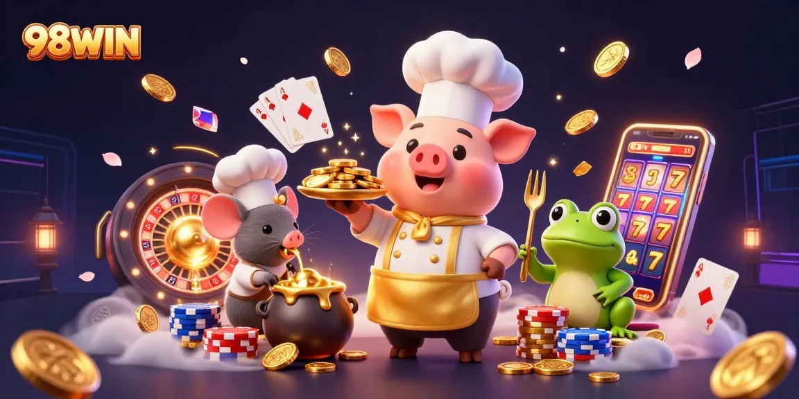 Engage with 98WIN's exciting casino scene featuring whimsical characters and a vibrant atmosphere.