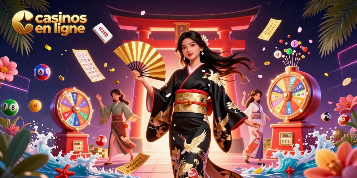 Jouez à des jeux excitants dans des casinos en ligne avec une illustration vibrante et dynamique mettant en avant divers éléments de jeu.