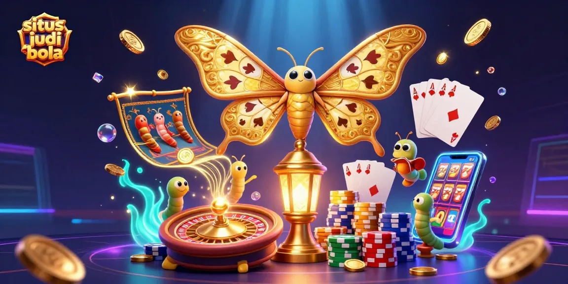 Situs judi bola illustration showcasing vibrant casino elements and a majestic moth in an exciting scene.