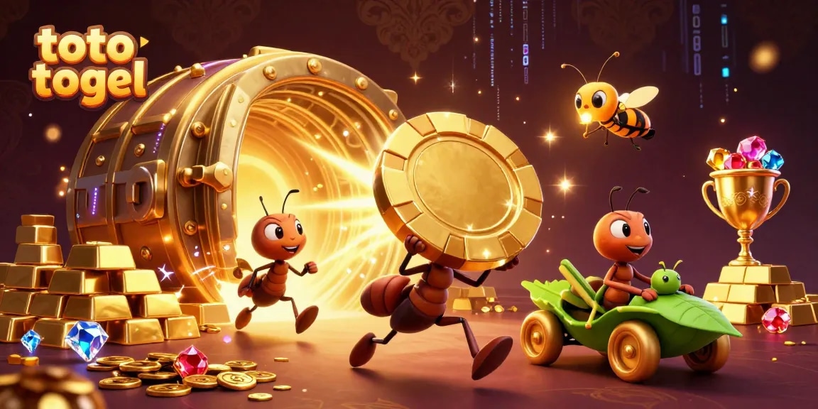 Experience thrilling toto togel action in a vibrant 3D illustration of ants on a heist.